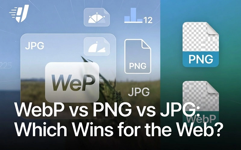 WebP vs PNG vs JPG comparison chart showing file size, quality, and speed benefits for web optimization